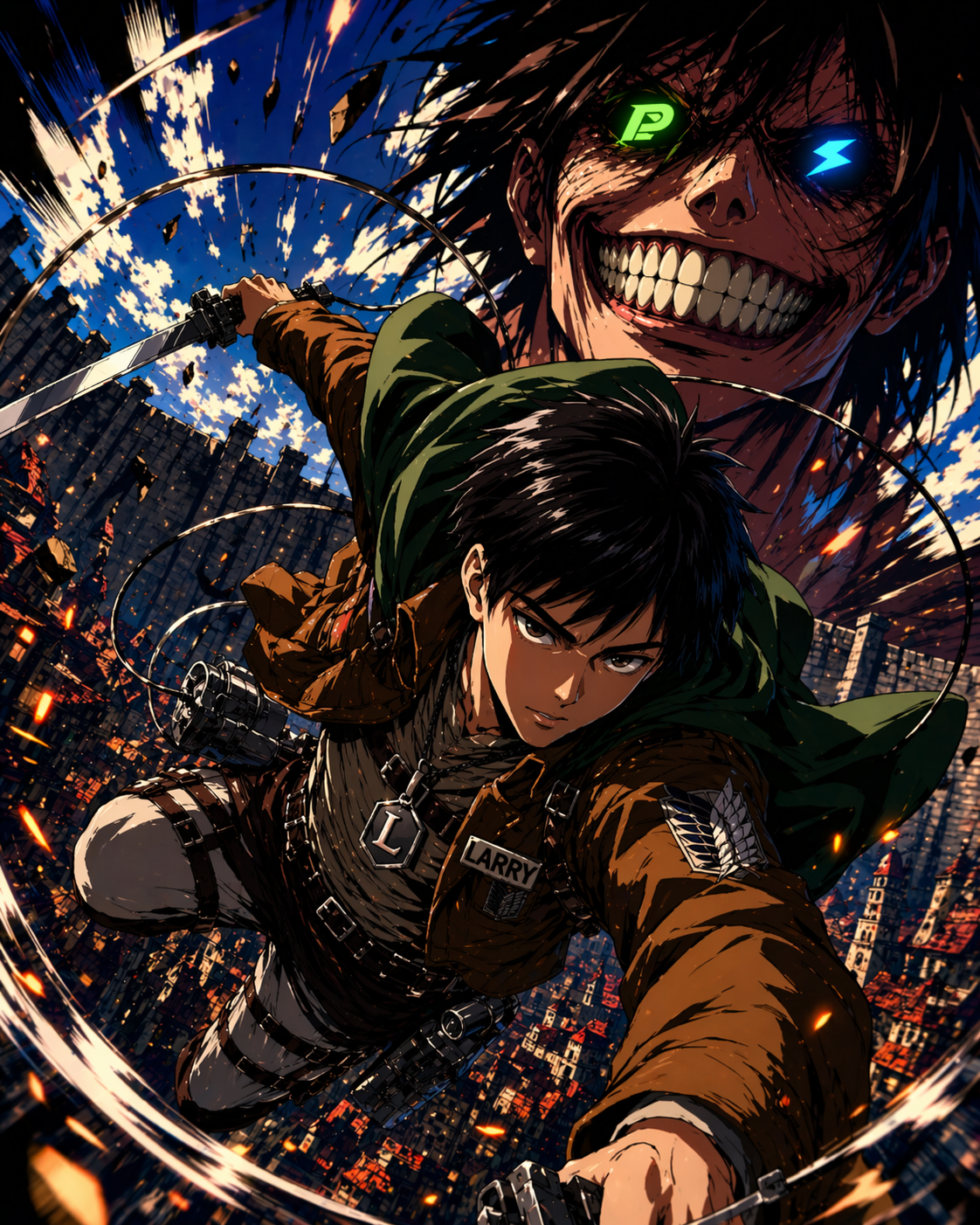 Larry mid-swing in Scout Regiment gear, Thunderpick and PrizePicks titans looming behind